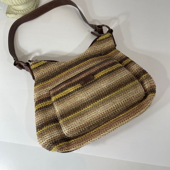 Straw Stripes Bag Brown Yellow with Leather like straps - Picture 14 of 14